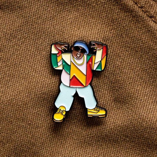 A soft enamel pin of The Notorious B.I.G. otherwise known as Biggie Smalls.