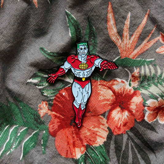 The retro cartoon main character Captain Planet as a soft enamel pin design.