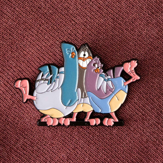 A soft enamel pin design of the Good Feathers Pigeons from the 90s animated cartoon series, The Animaniacs.