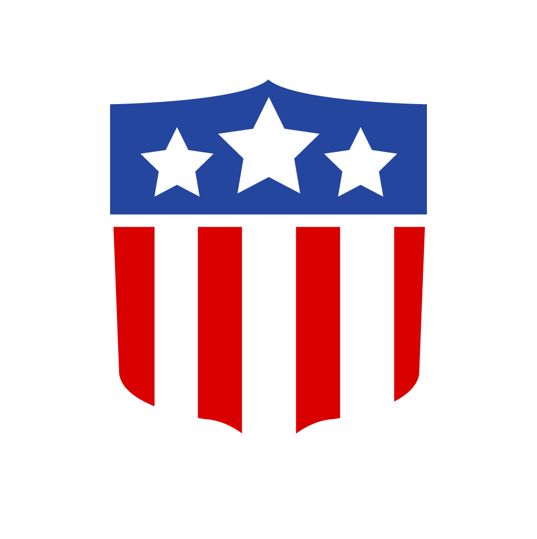 A vector graphic of a shield with American stripe and star decor in red, white, and blue.