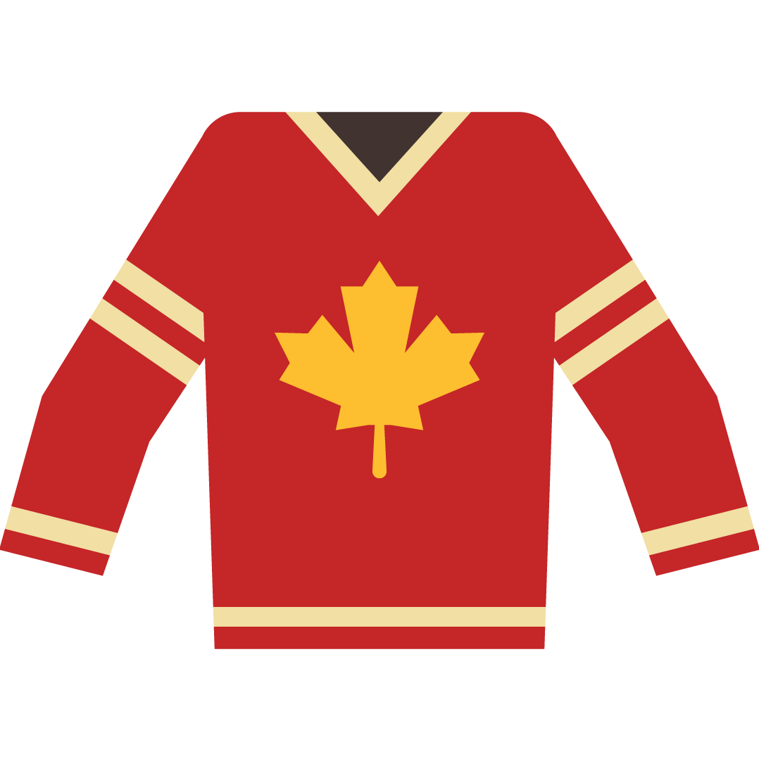 A vector graphic of a red hockey jersey with a yellow Canadian maple leaf.